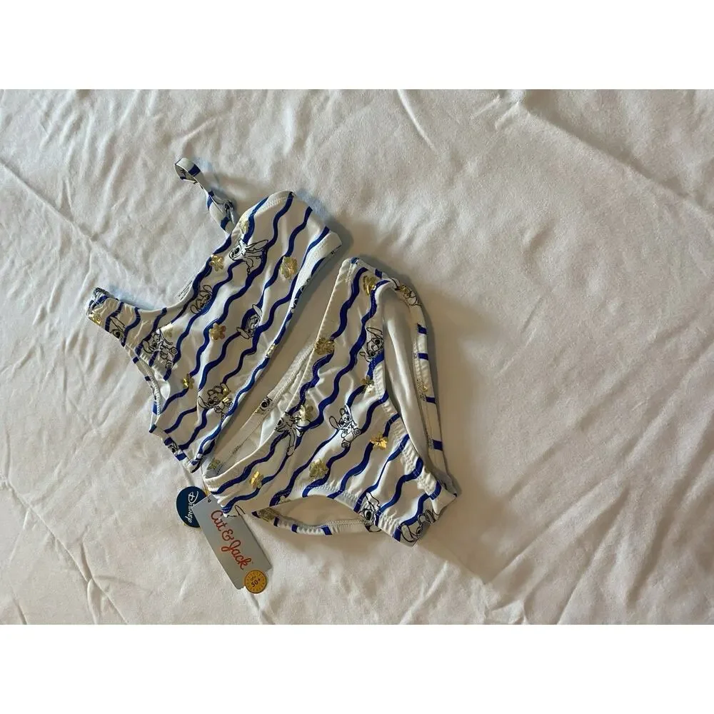 Cat&Jack Toddler Girl Swimwear Set S(6/7) Disney Stitch UPF 50 NWT Blue &whith
